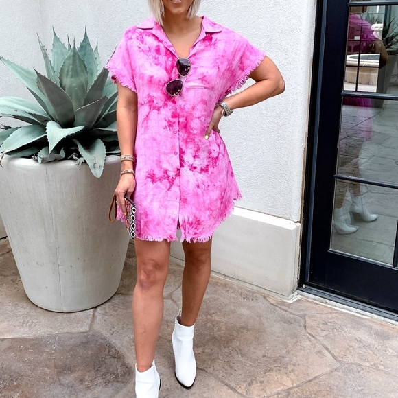 Neon Pink Tie Dyed Frayed Oxford Tunic - Large - Picture 2 of 4